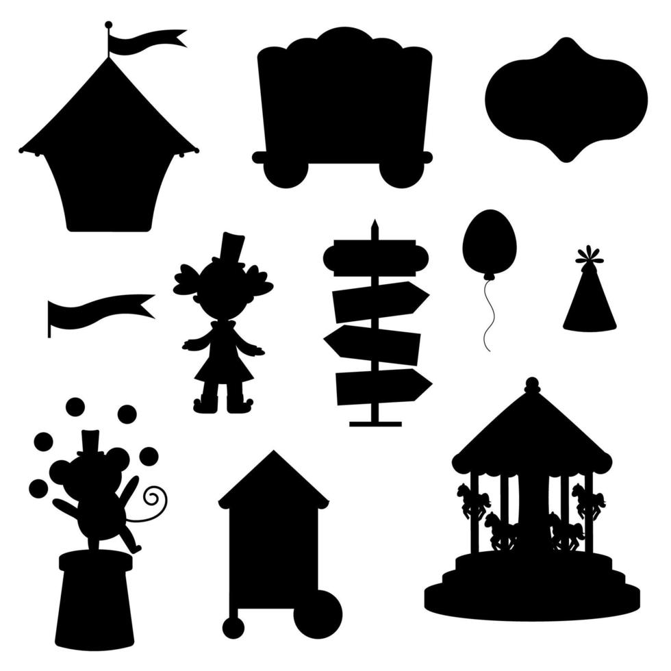 collezione di elementi rosa circo silhouette. tenda, scimmia, Bambola, giostra, berretto, sfera, pointer vettore