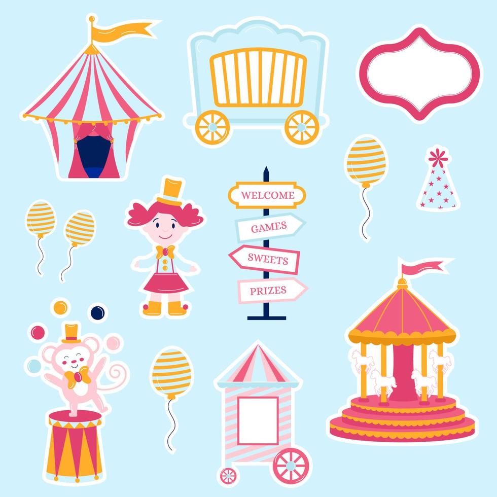 collezione di adesivi rosa circo. tenda, scimmia, Bambola, giostra, berretto, sfera, pointer vettore