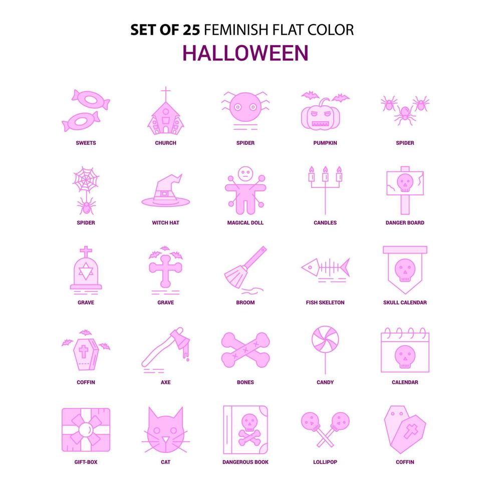 impostato di 25 femminile Halloween piatto colore rosa icona impostato vettore