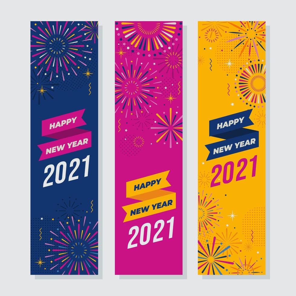 felice anno nuovo con banner di fuochi d'artificio vettore