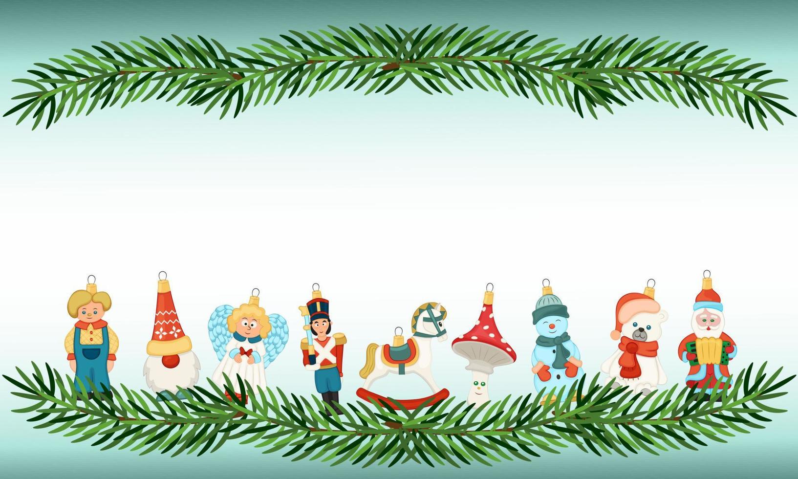 Natale carta con retrò stile Natale decorazioni. vacanza personaggi lattina soldato, angelo, pupazzo di neve, gnomo, cavallo, Santa claus, fungo. vettore illustrazione.