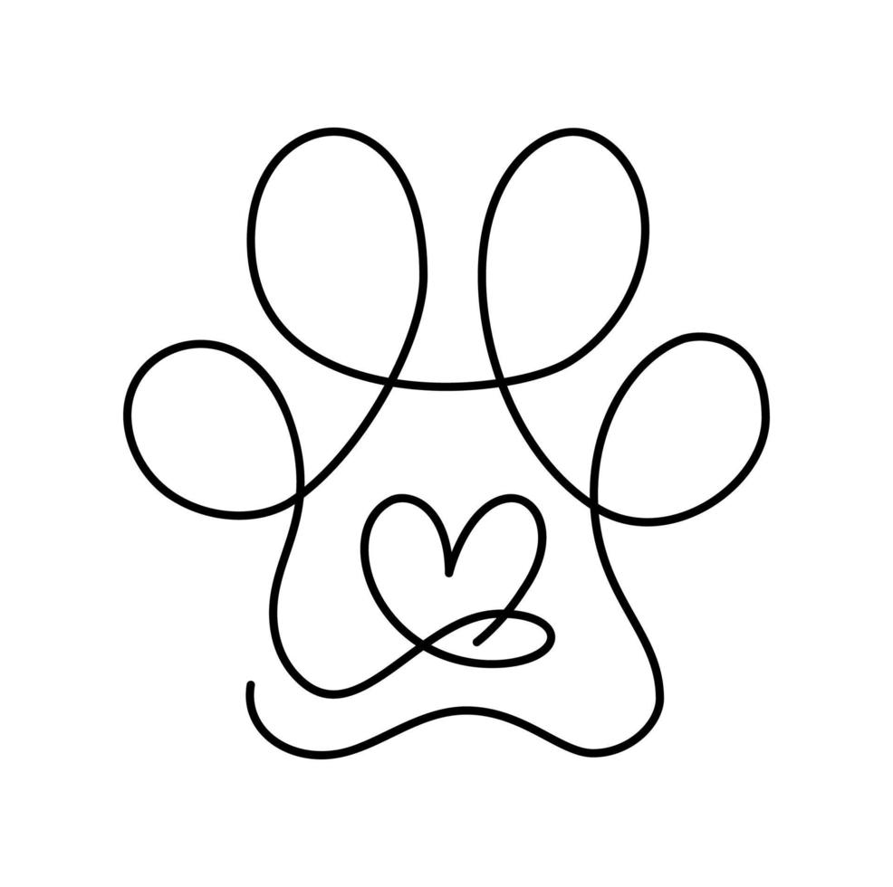 cuore con gatto o cane zampa gatto orma nel continuo uno linea disegno logo. minimo linea arte. animale nel cuore. animale domestico amore concetto vettore