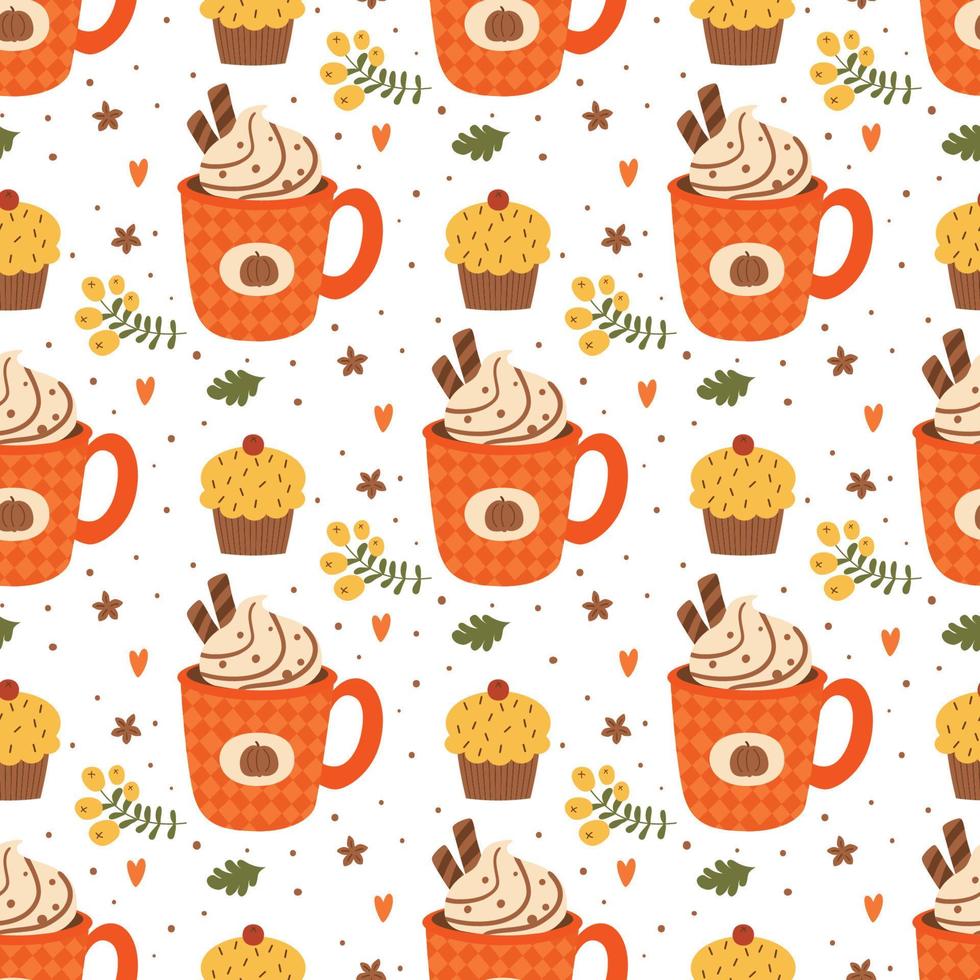 zucca Spezia latte macchiato modello mano disegnato autunno stagione senza soluzione di continuità sfondo con tazza di caldo bere, cupcake, bacca vettore illustrazione. carino cartone animato accogliente autunno caldo bevanda Stampa, manifesto, sfondo, tessile