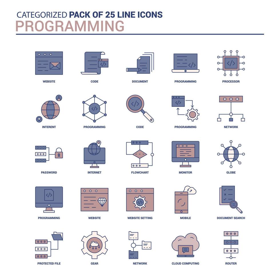 Vintage ▾ programmazione icona impostato 25 piatto linea icona impostato vettore