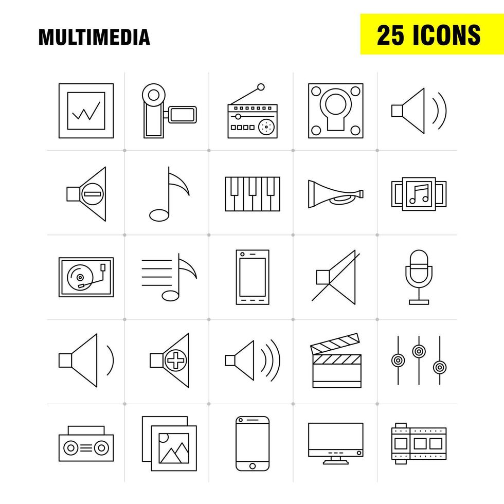 multimedia linea icona per ragnatela Stampa e mobile uxui kit come come mobile cellula Telefono hardware telecamera video Immagine film pittogramma imballare vettore