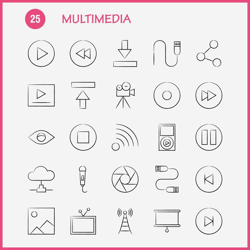 multimedia mano disegnato icona per ragnatela Stampa e mobile uxui kit come come media mic microfono suono controllo veloce inoltrare media pittogramma imballare vettore