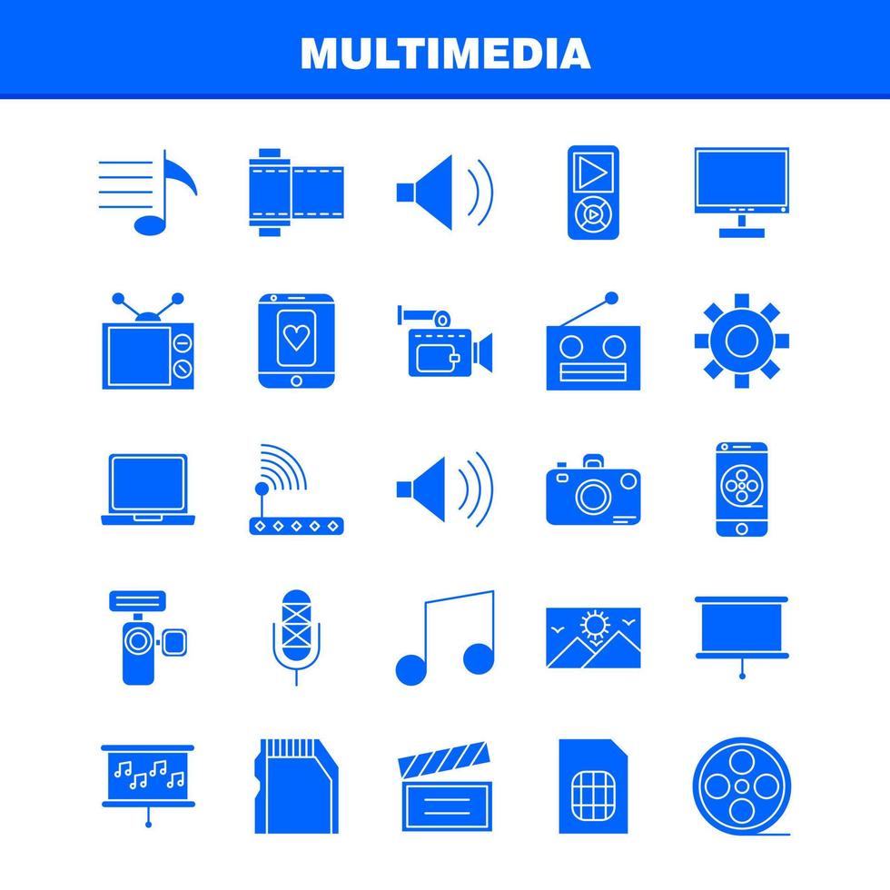 multimedia solido glifo icona per ragnatela Stampa e mobile uxui kit come come Ingranaggio mantenere ambientazione attrezzo registrazione altoparlante computer hardware pittogramma imballare vettore