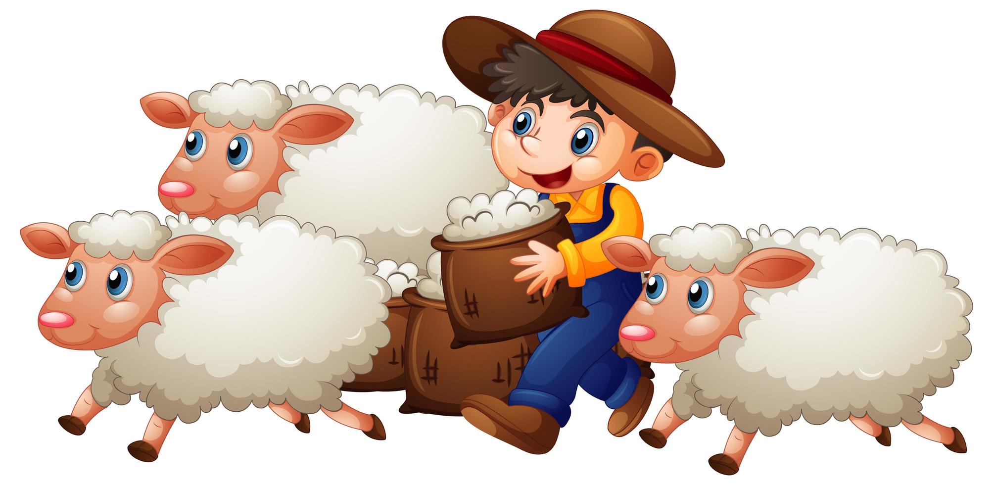 un ragazzo con tre pecore carino su sfondo bianco vettore