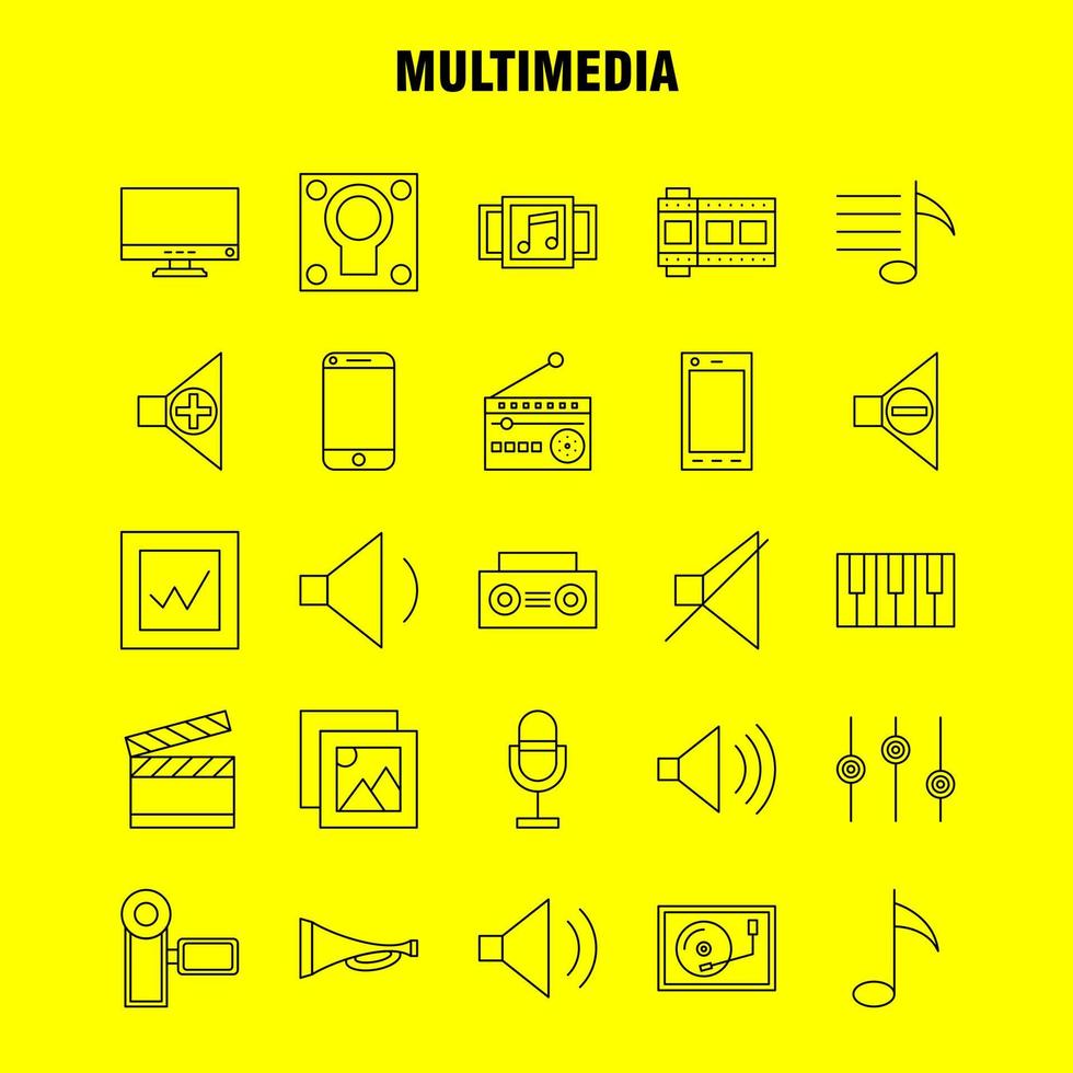 multimedia linea icona per ragnatela Stampa e mobile uxui kit come come mobile cellula Telefono hardware telecamera video Immagine film pittogramma imballare vettore