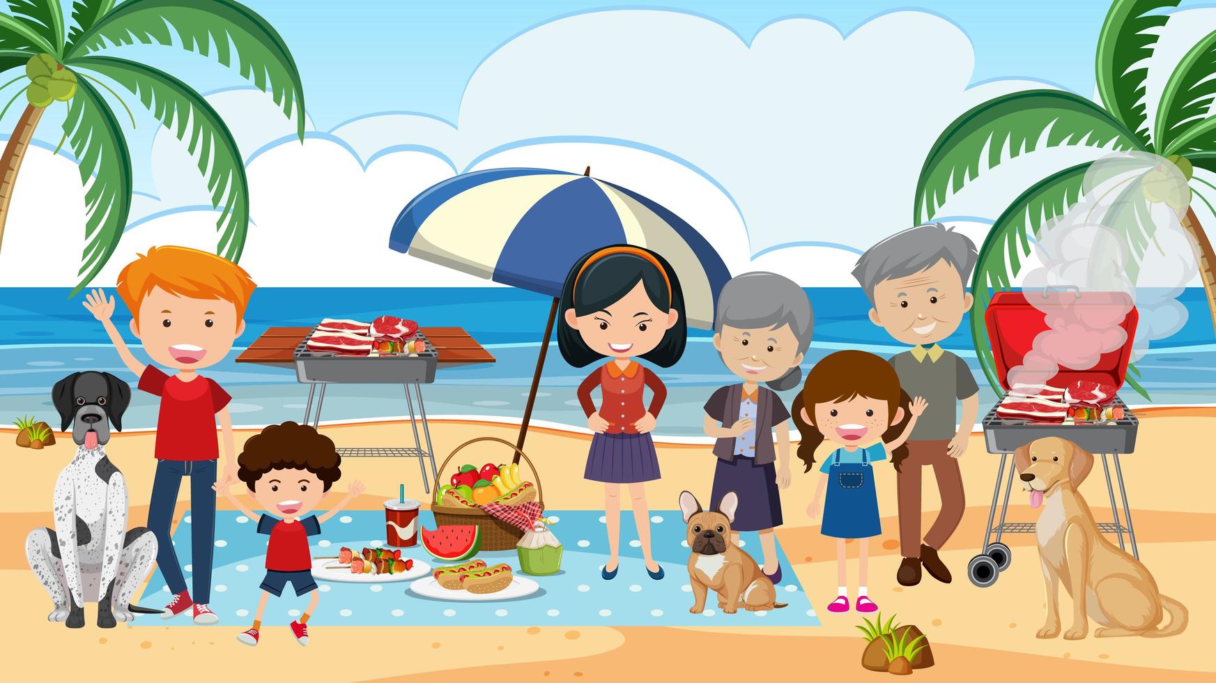 scena di picnic con la famiglia in spiaggia vettore
