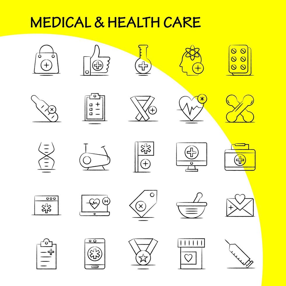 medico e Salute cura mano disegnato icona per ragnatela Stampa e mobile uxui kit come come borraccia medico laboratorio ospedale bandiera assistenza sanitaria medico ospedale pittogramma imballare vettore