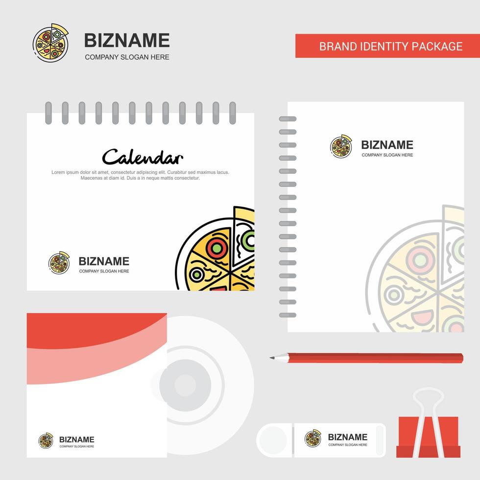 Pizza logo calendario modello CD copertina diario e USB marca stazionario pacchetto design vettore modello