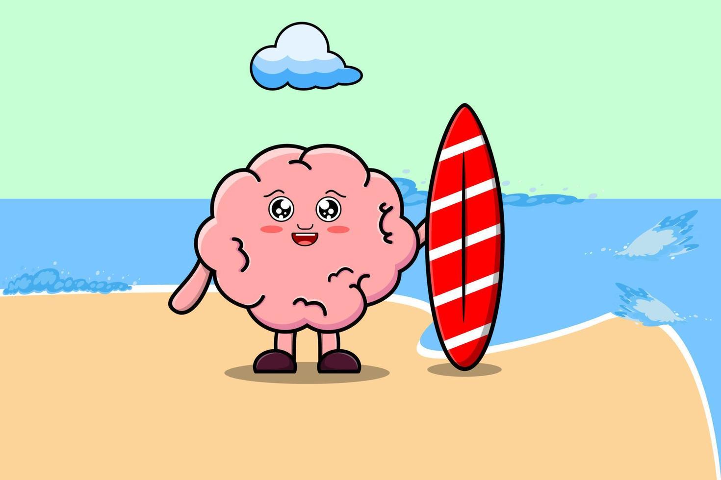 carino cartone animato cervello personaggio giocando fare surf vettore