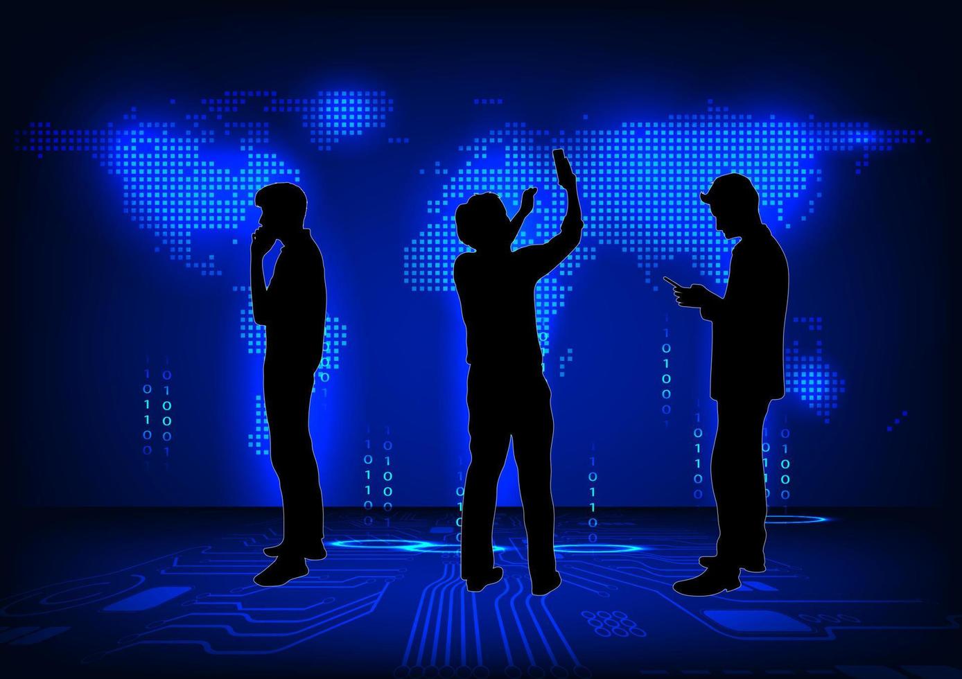 silhouette Immagine, attività commerciale persone hold smartphone con carta geografica mondo blu buio su sfondo concetto Ciao Tech tecnologia connessione in linea vettore illustrazione