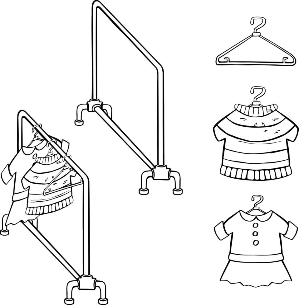 linea impostato appendiabiti, rotaia con Abiti su grucce simbolo illustrazione schizzo vettore