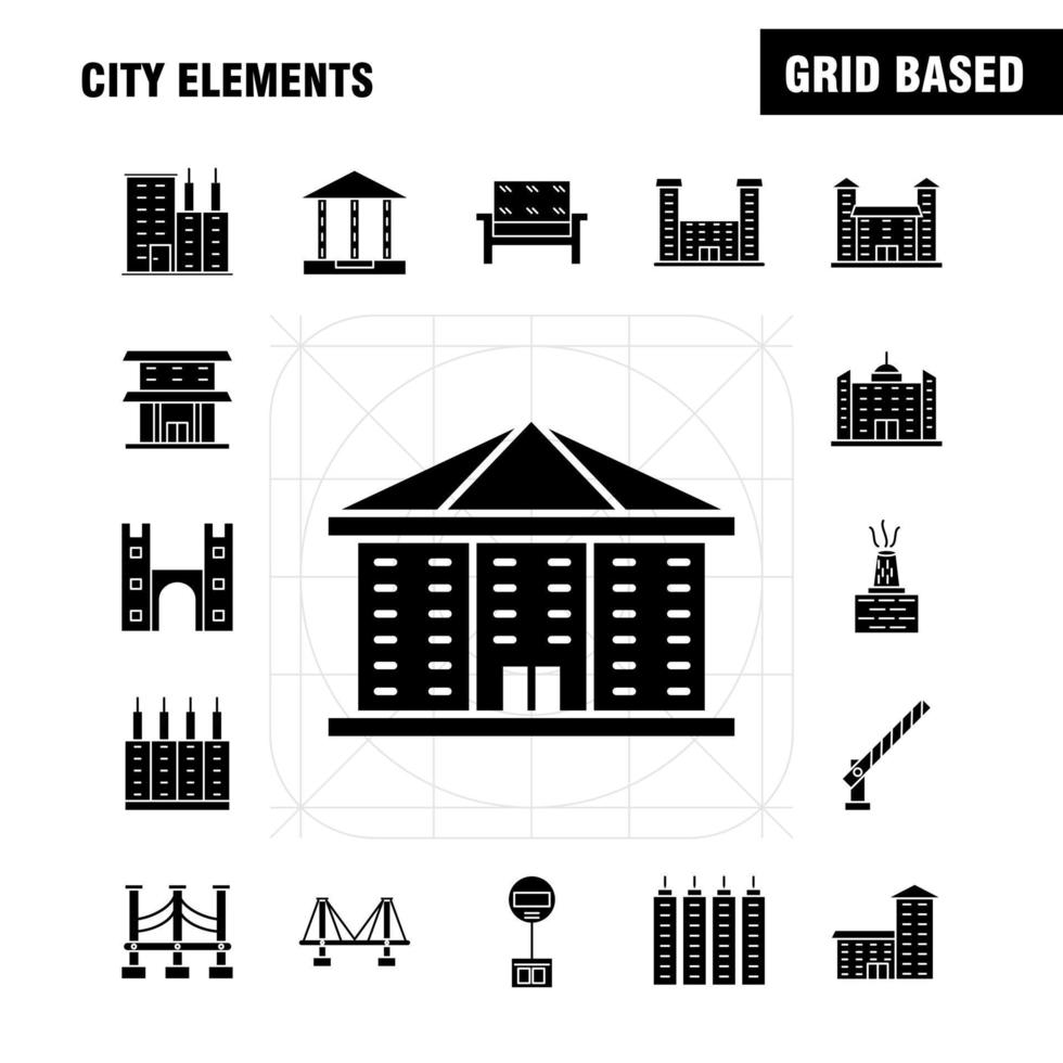 città elementi solido glifo icone impostato per infografica mobile uxui kit e Stampa design includere auto veicolo viaggio trasporto Fontana acqua doccia città eps 10 vettore