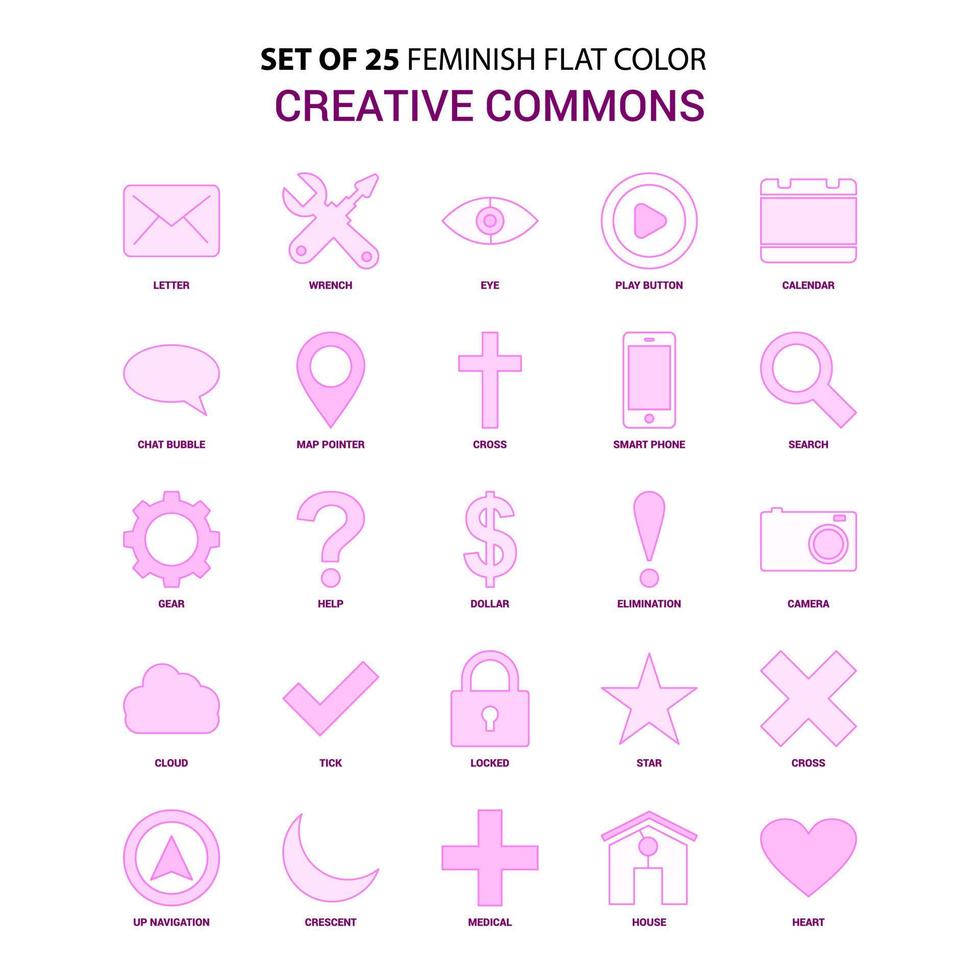 impostato di 25 femminile creativo commons piatto colore rosa icona impostato vettore