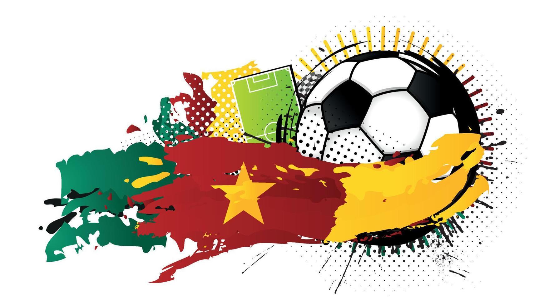 nero e bianca calcio palla circondato di verde, rosso e giallo macchie formatura il bandiera di camerun con un' calcio campo nel il sfondo. vettore Immagine