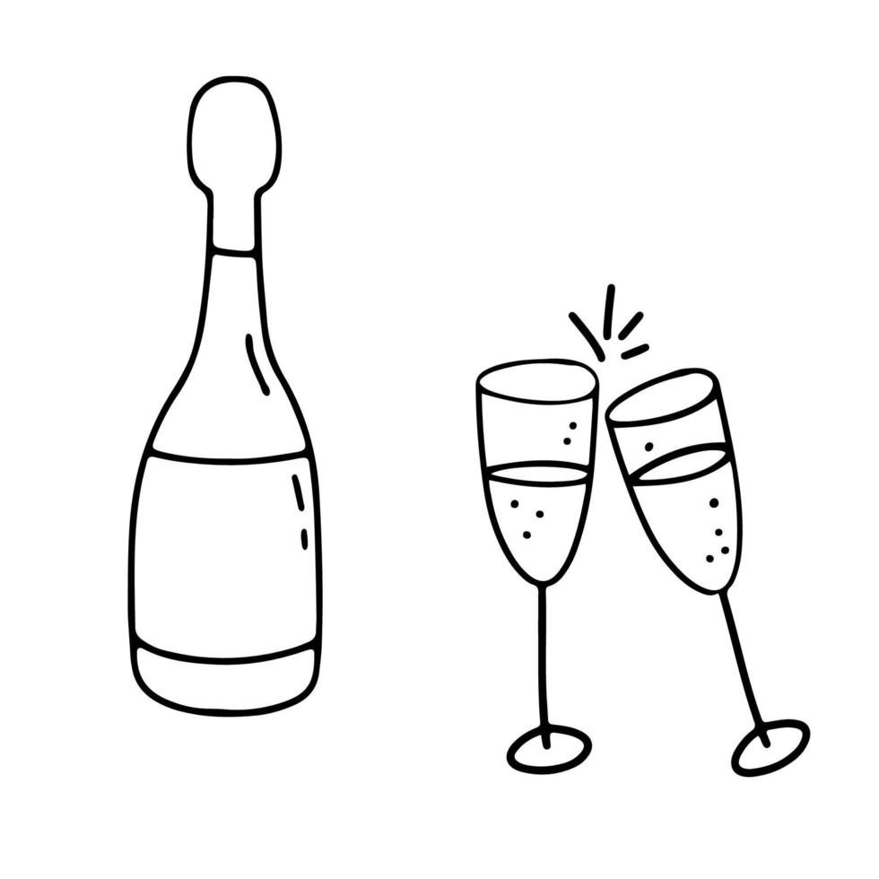 coppia mano disegnato bicchieri di Champagne e bottiglia per nuovo anno, natale o San Valentino giorno. scarabocchio vettore illustrazione isolato su bianca sfondo.