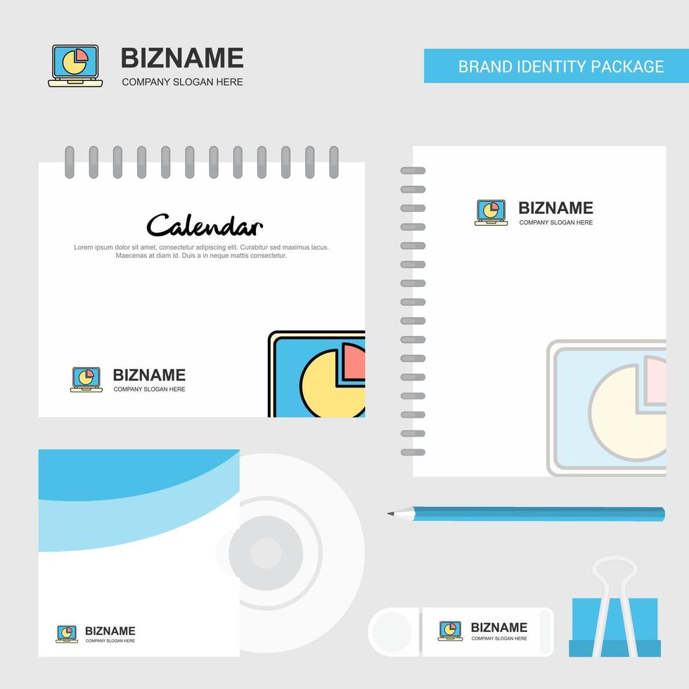 torta grafico su il computer portatile logo calendario modello CD copertina diario e USB marca stazionario pacchetto design vettore modello