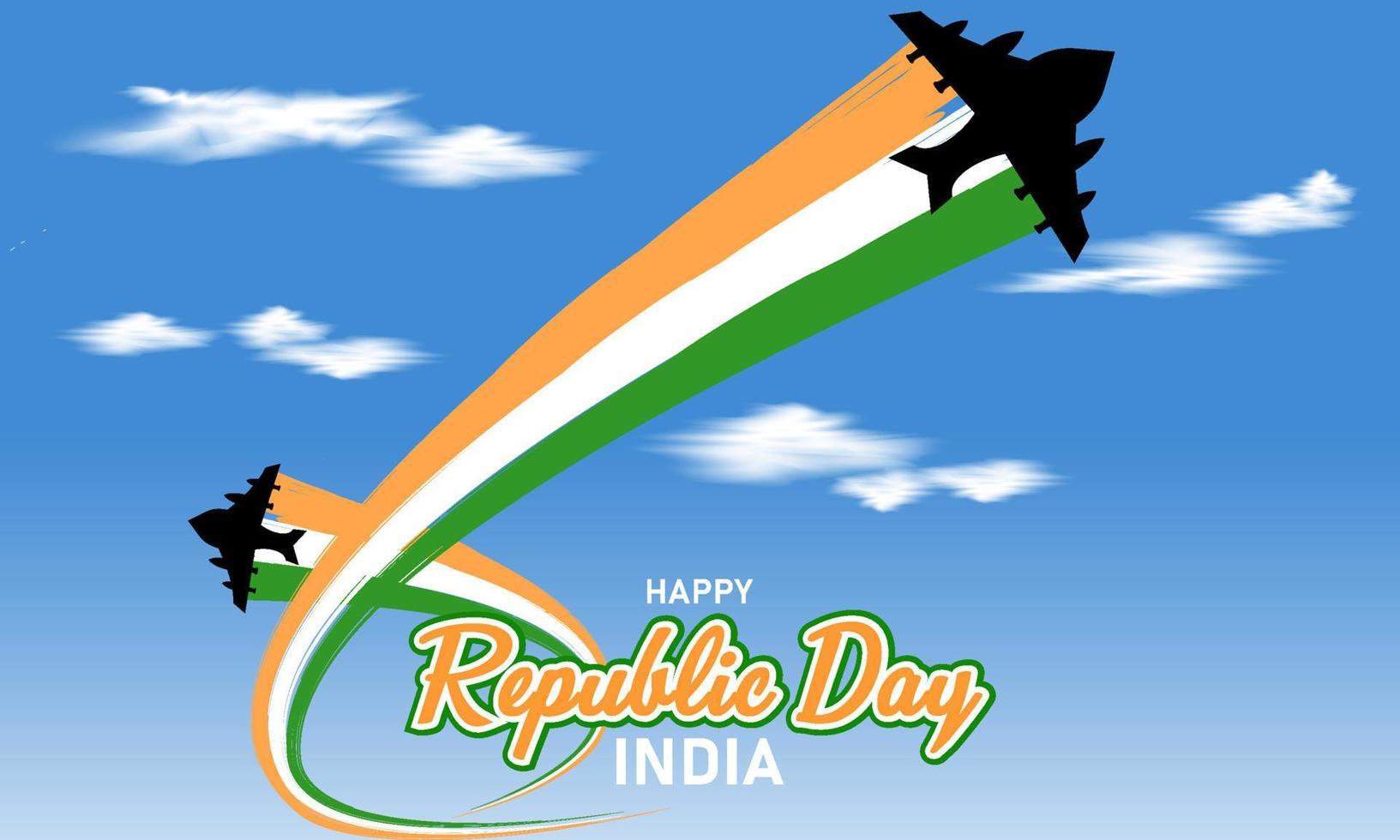 repubblica giorno celebrazione illustrazione, con combattente Jet illustrazione e indiano bandiera colori ondulato contro bianca cielo e nuvole sfondo vettore