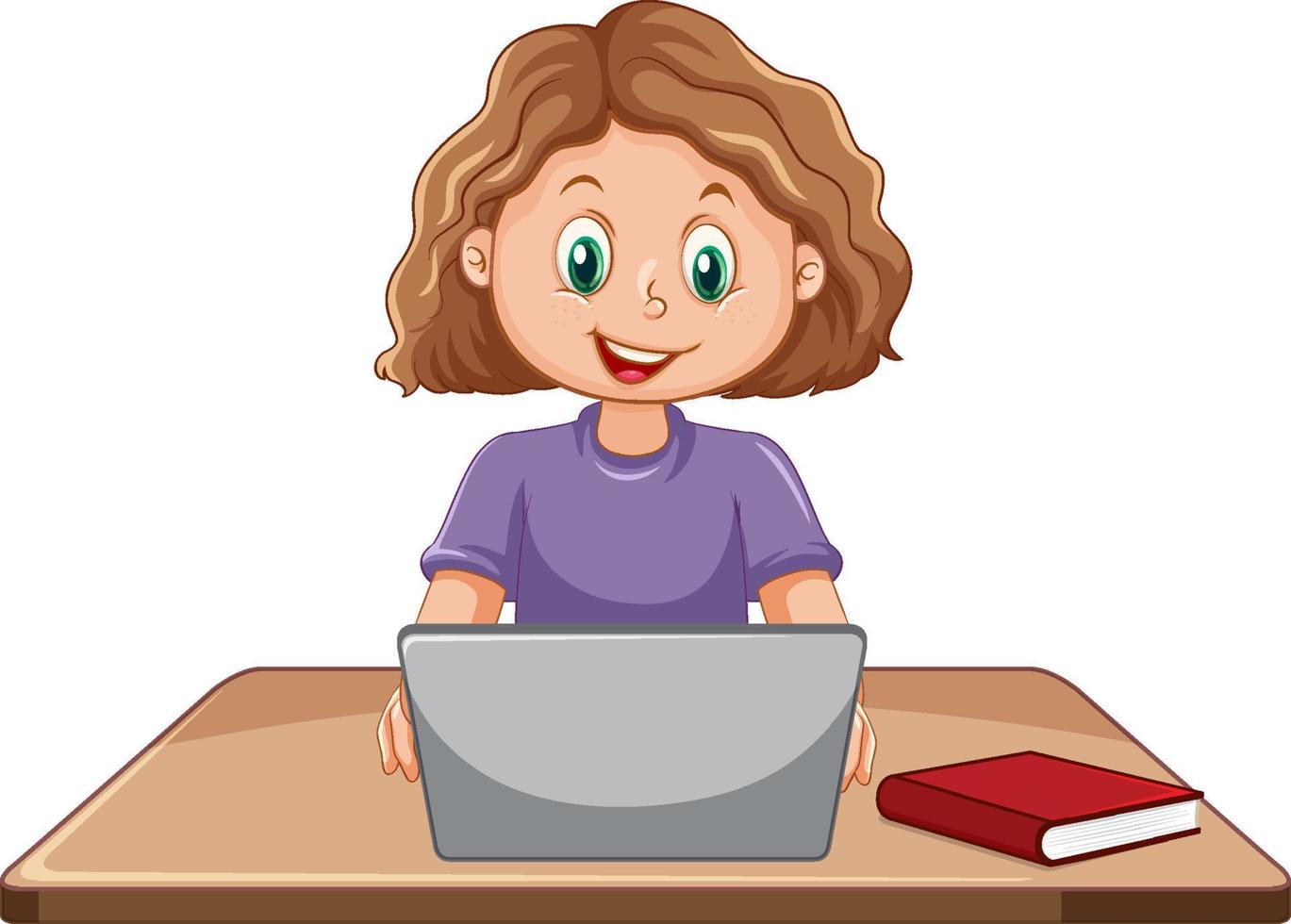 un' ragazza utilizzando il computer portatile cartone animato vettore