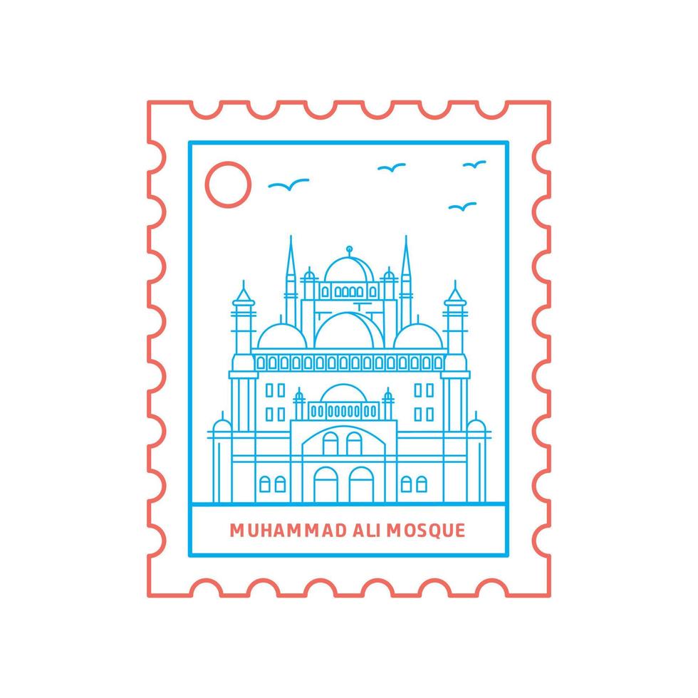 Maometto ali moschea affrancatura francobollo blu e rosso linea stile vettore illustrazione