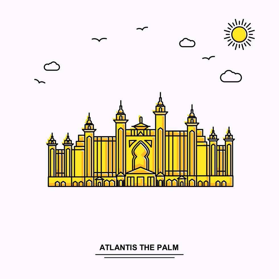 atlantis il palma monumento manifesto modello mondo viaggio giallo illustrazione sfondo nel linea stile con bellezza natura scena vettore