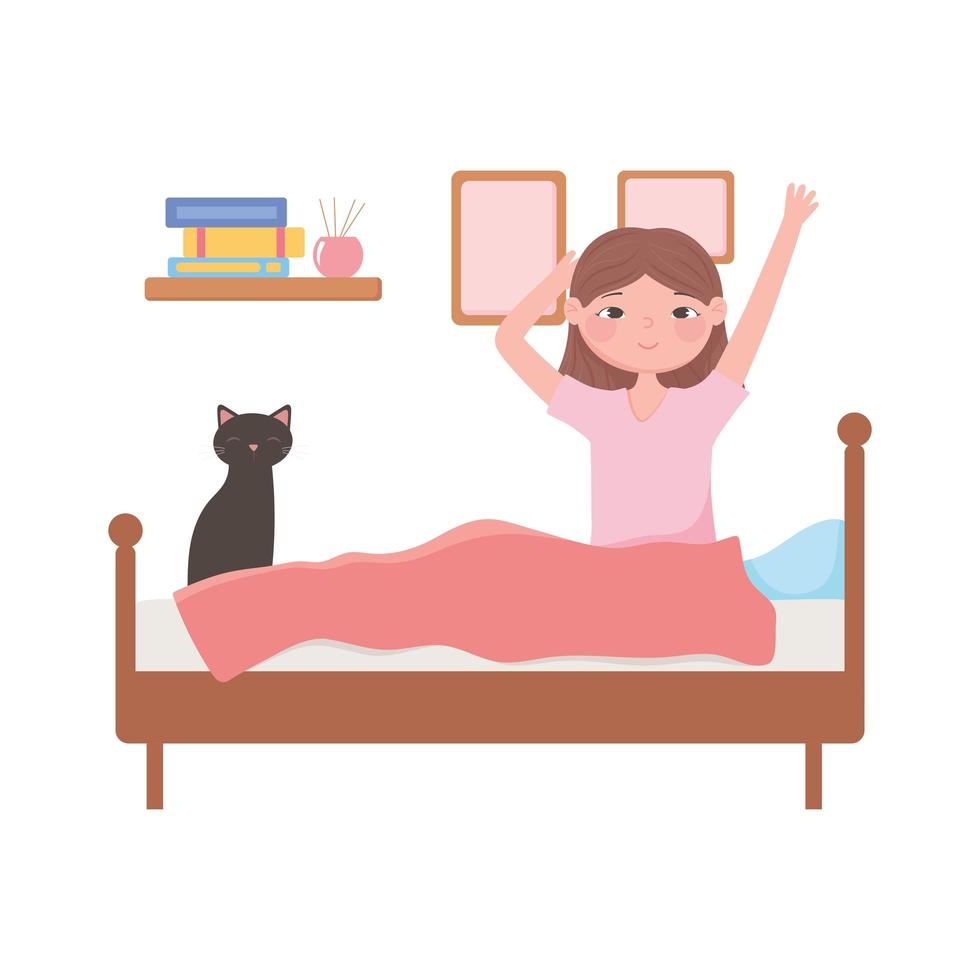 donna svegliarsi con il gatto sul letto vettore