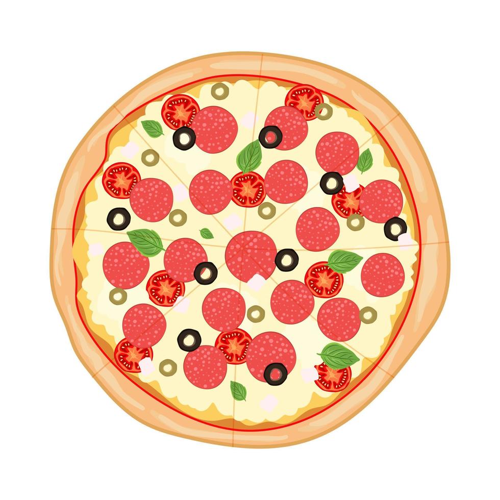 salame Pizza superiore Visualizza. italiano veloce cibo. Italia merenda con salame, basilico le foglie e Mozzarella formaggio.gustoso pasto, veloce cibo icona. piatto vettore illustrazione isolato su bianca sfondo