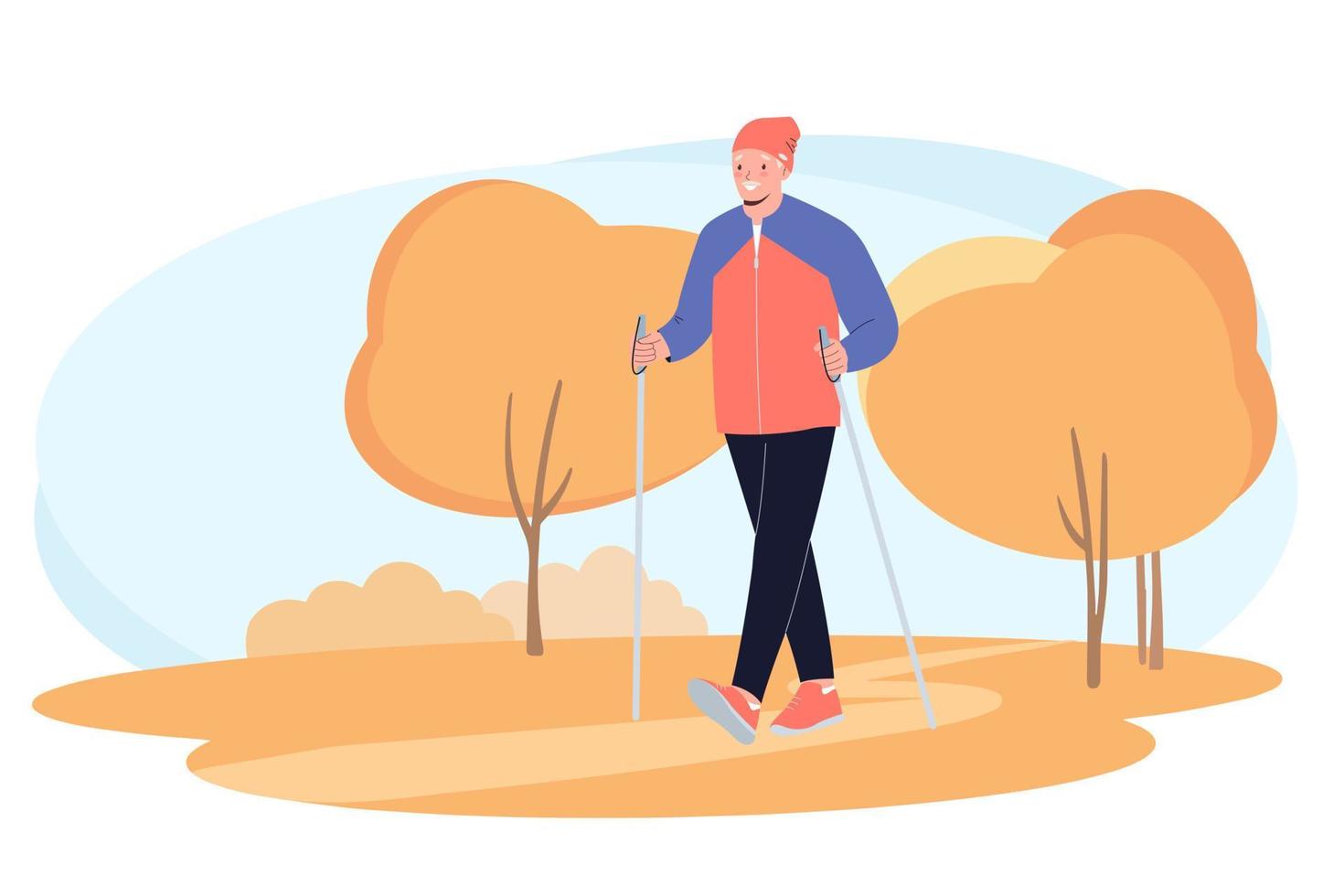 anziano anziano uomo formazione nordico a piedi con sciare il trekking poli nel autunno foresta. attivo riposo all'aperto. concetto di attivo salutare stile di vita di gli anziani. vettore