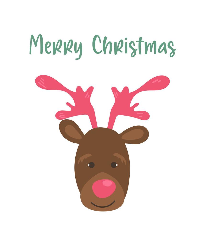 allegro Natale carta. illustrazione carino cervo con rosa corna per cartolina, Stampa, confezione, manifesto, nuovo anno. vettore