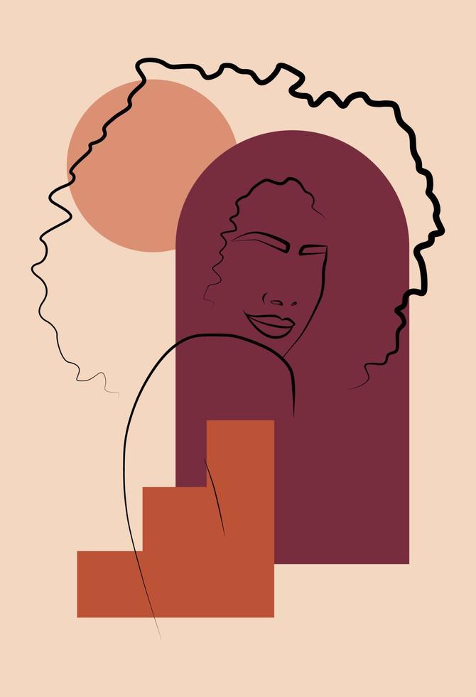 africano donna. minimalista astratto femmina ritratto con un' continuo linea per il logo. geometrico forme. vettore