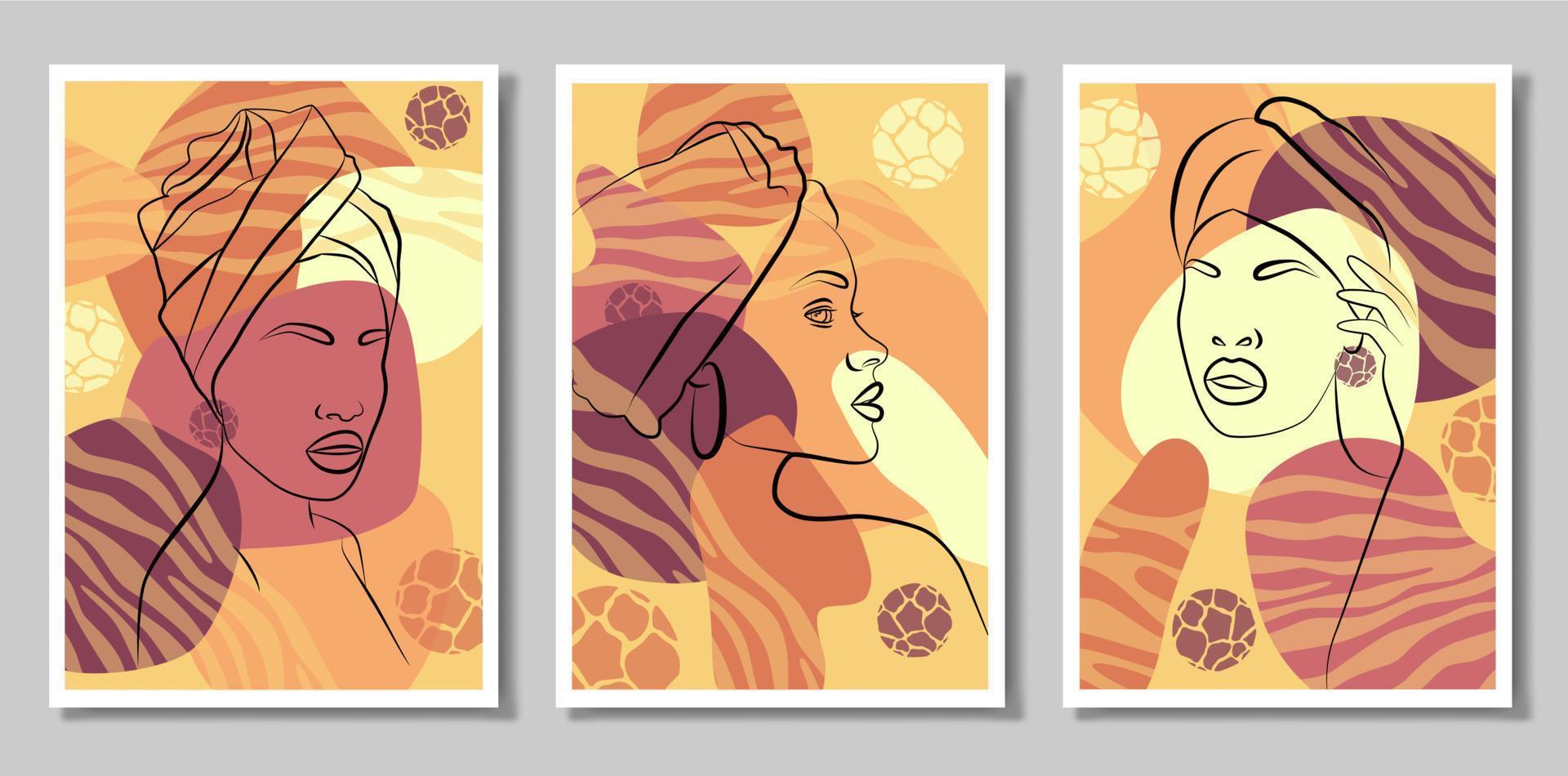 un' ragazza nel il tropici. un' impostato di tre quadri. astratto ritratto di un' giovane donna nel un' minimalista stile. disegno Linee. bellissimo africano donna. parete arte nel il stile di pop arte. vettore