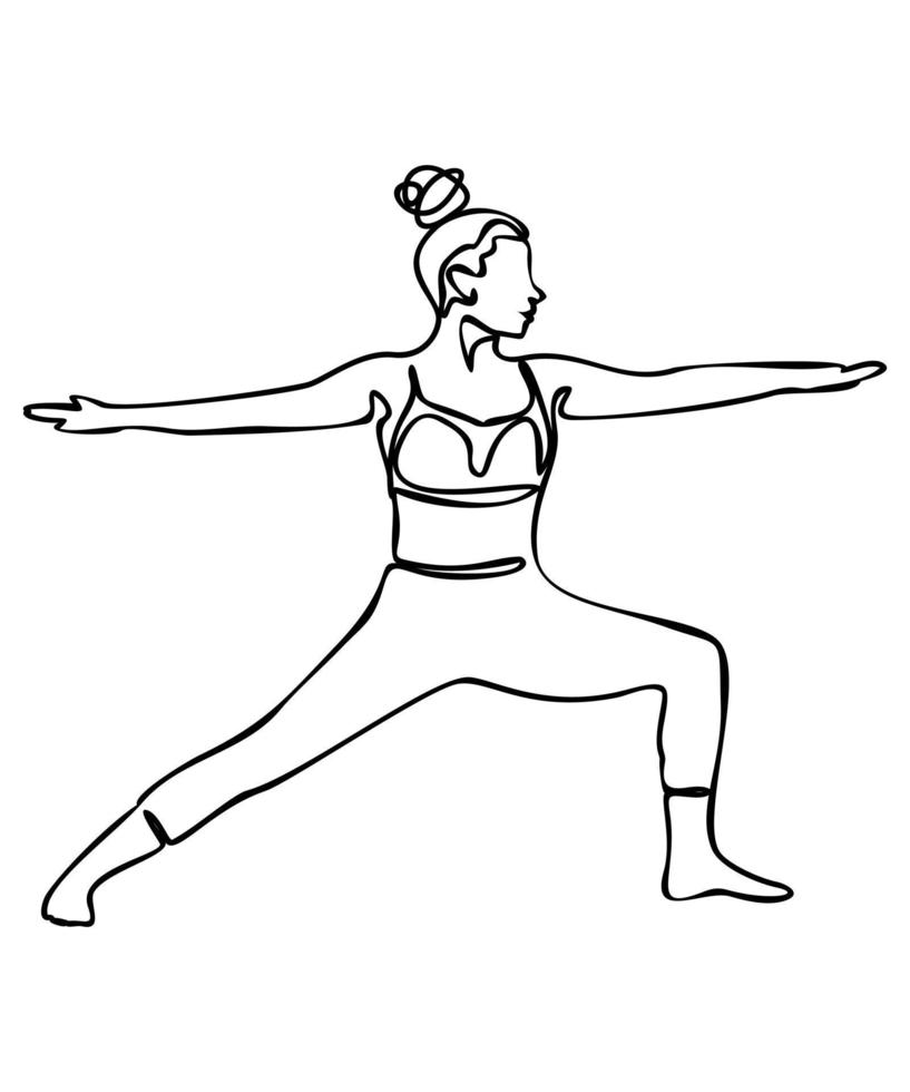 continuo linea disegno. donna fare esercizio nel yoga posa. guerriero posa. vettore isolato illustrazione su bianca sfondo. internazionale yoga giorno concetto. yoga logo