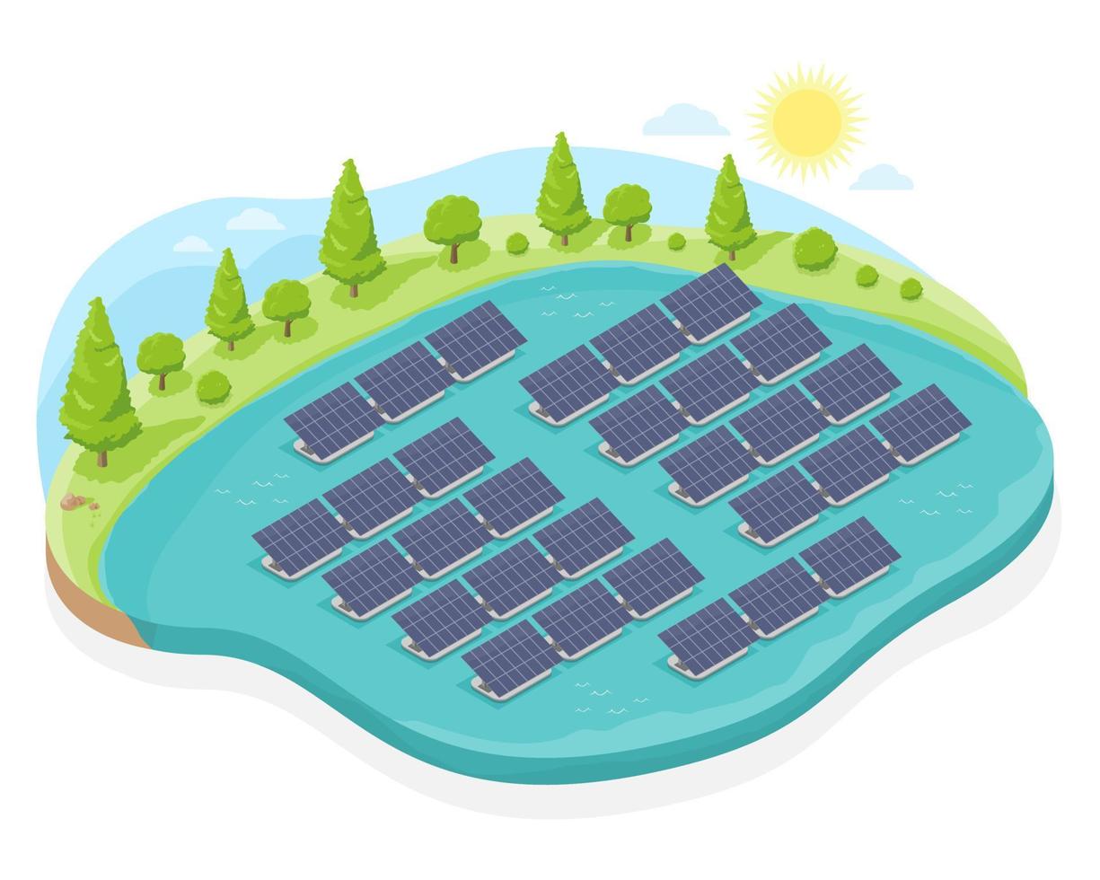 solare azienda agricola pannelli superiore Visualizza policristallino silicio solare cellula galleggiante su il acqua nel lago per verde e pulito energia ecologia isometrico vettore