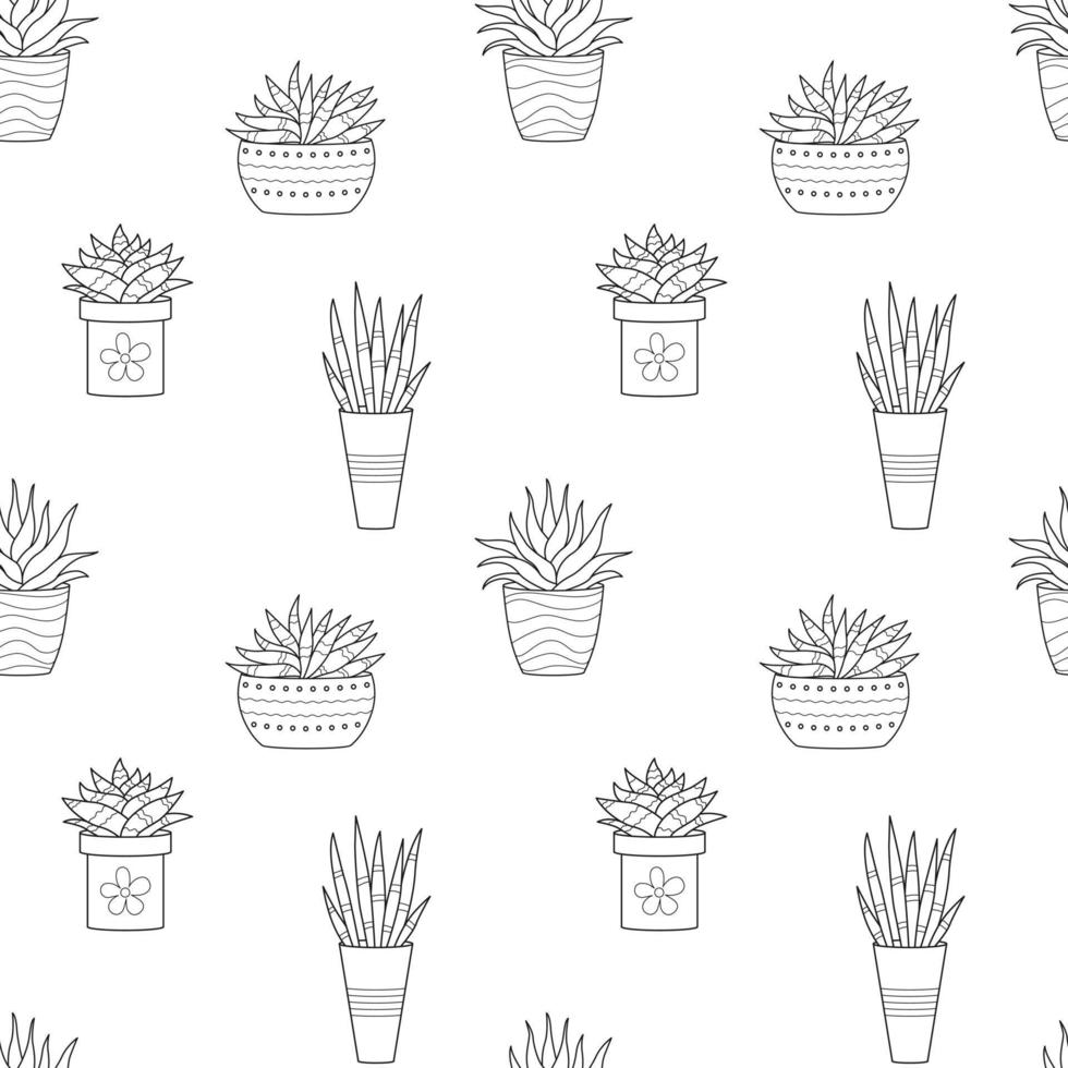 senza soluzione di continuità modello con mano disegnato scarabocchio schema in vaso cactus. casa pianta, lineare succulento. vettore nero e bianca illustrazione su bianca sfondo