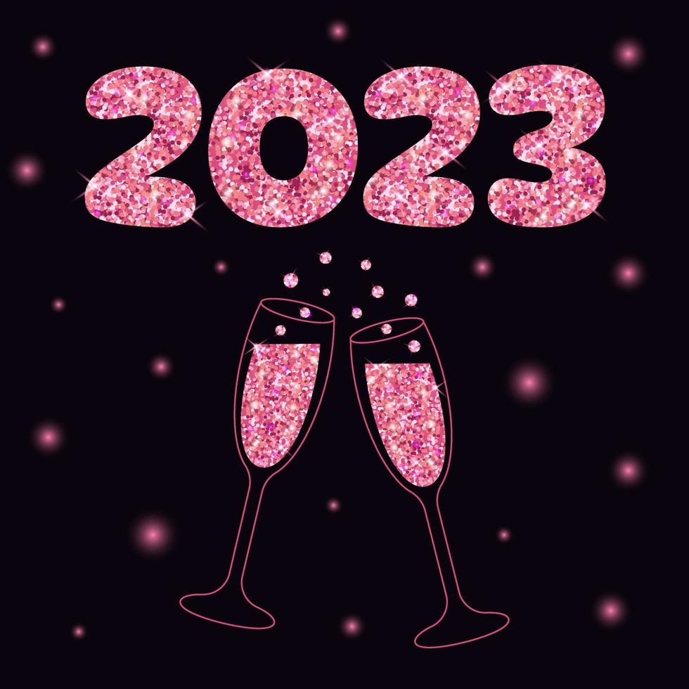 Due scintillante bicchieri di Champagne e lettering 2023 con rosa luccichio. buio sfondo con stella luce. vettore
