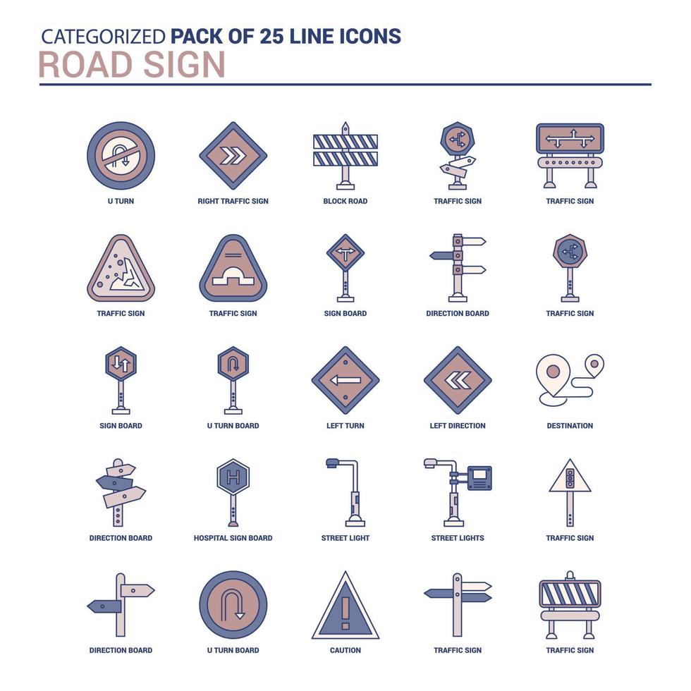 Vintage ▾ strada cartello icona impostato 25 piatto linea icona impostato vettore