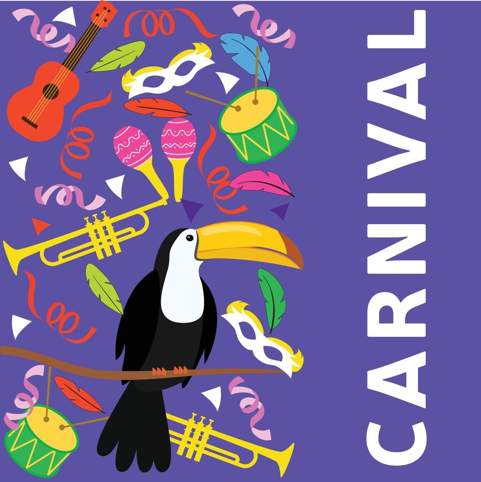 carnevale piazza bandiera con tucano, ukulele, musicale tromba e piuma su viola sfondo. vettore illustrazione.
