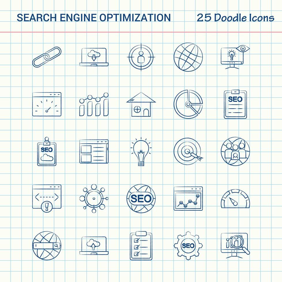 ricerca motore ottimizzazione 25 scarabocchio icone mano disegnato attività commerciale icona impostato vettore