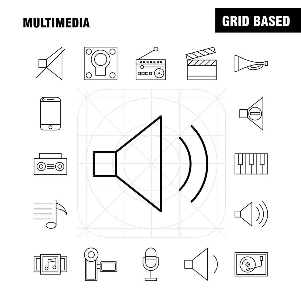 multimedia linea icona per ragnatela Stampa e mobile uxui kit come come mobile Telefono smartphone chiamata telecamera file foto diapositiva pittogramma imballare vettore