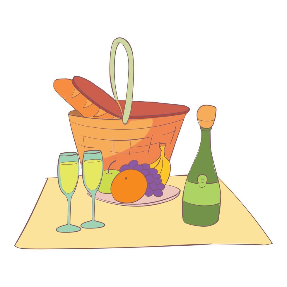 pranzo picnic cestino icona, cartone animato e piatto stile vettore