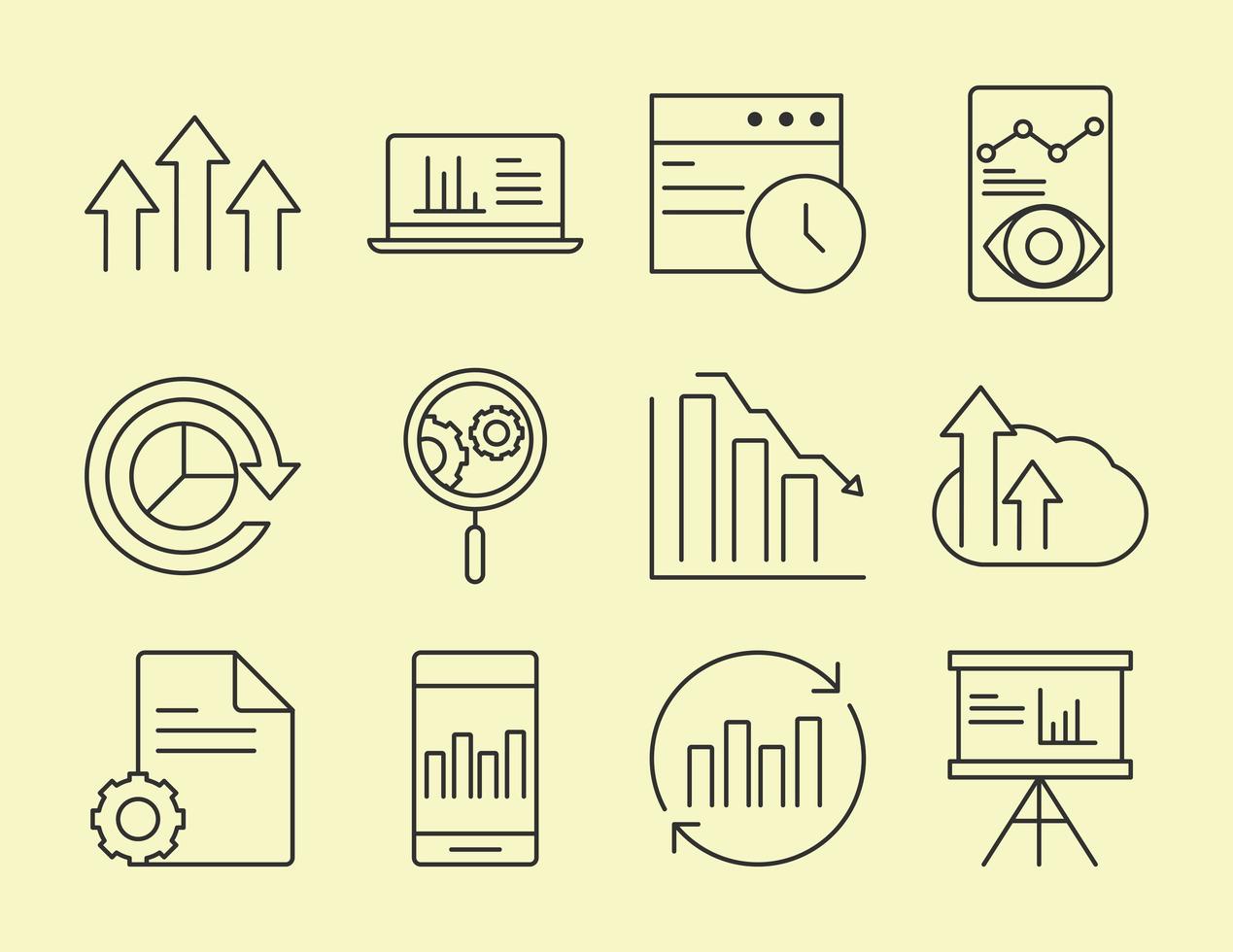 set di icone di analisi dei dati, business e strategia di marketing vettore