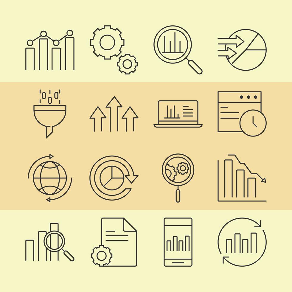 set di icone di analisi dei dati, business e strategia di marketing vettore