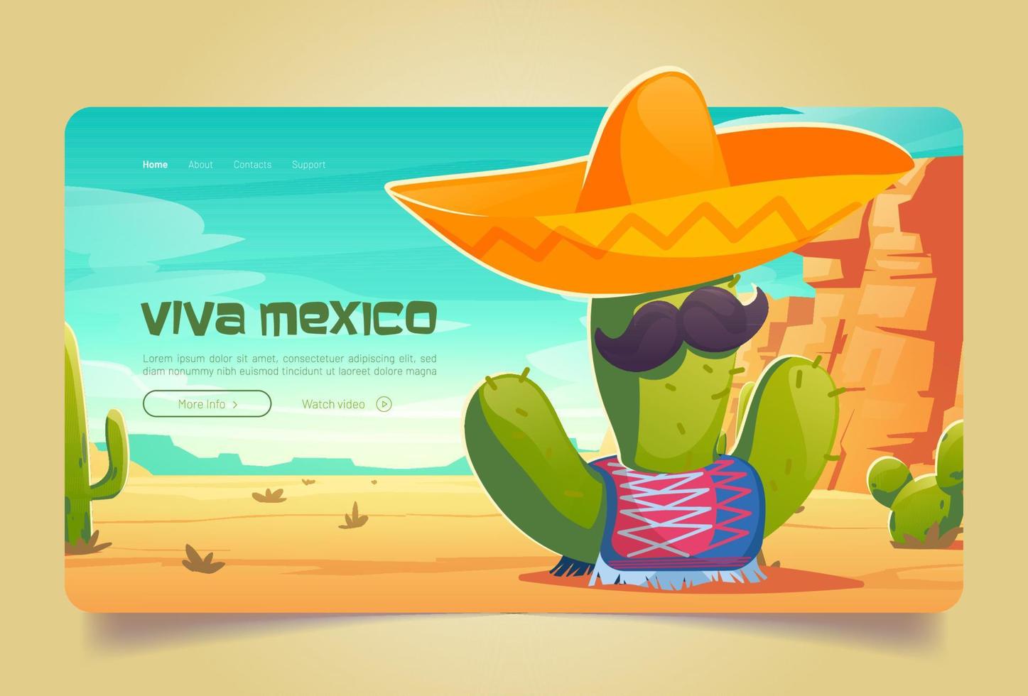 Viva Messico cartone animato atterraggio pagina, messicano cactus vettore