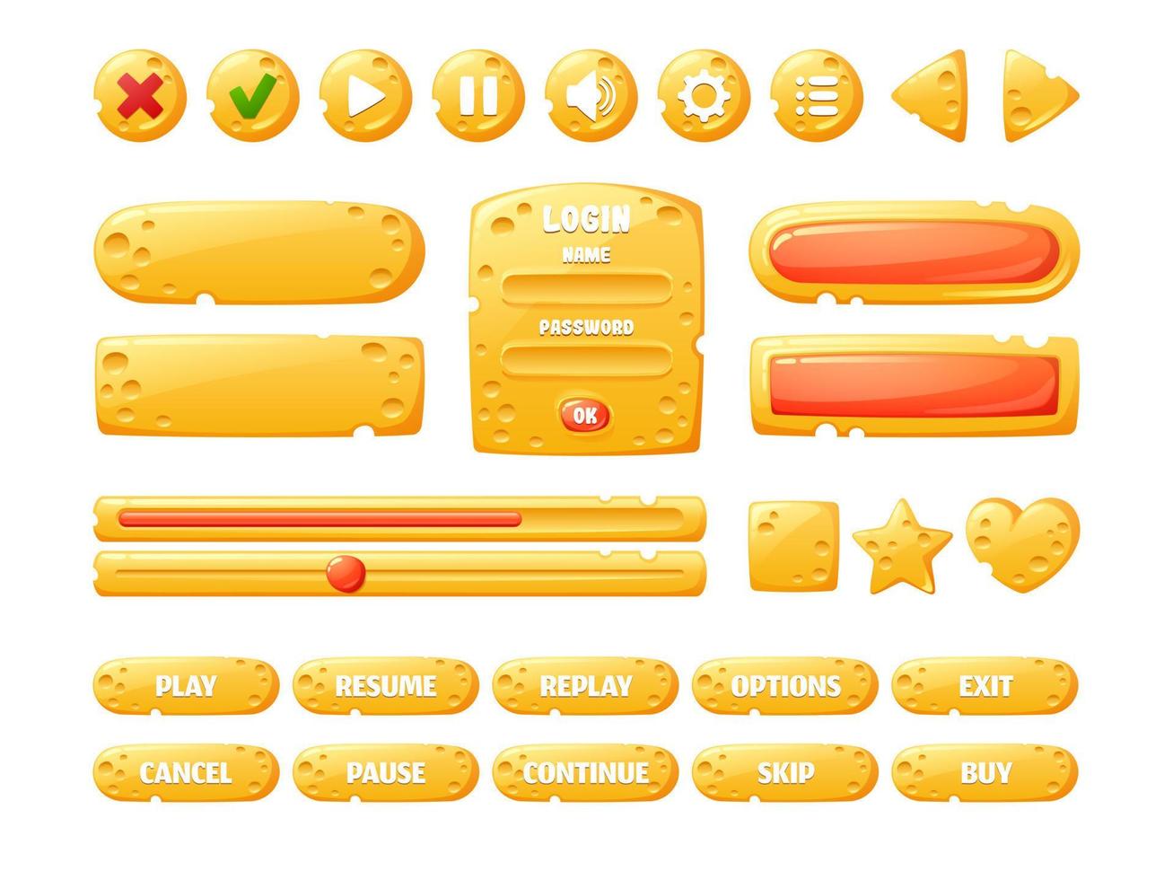 formaggio gioco ui pulsanti, cartone animato menù interfaccia vettore