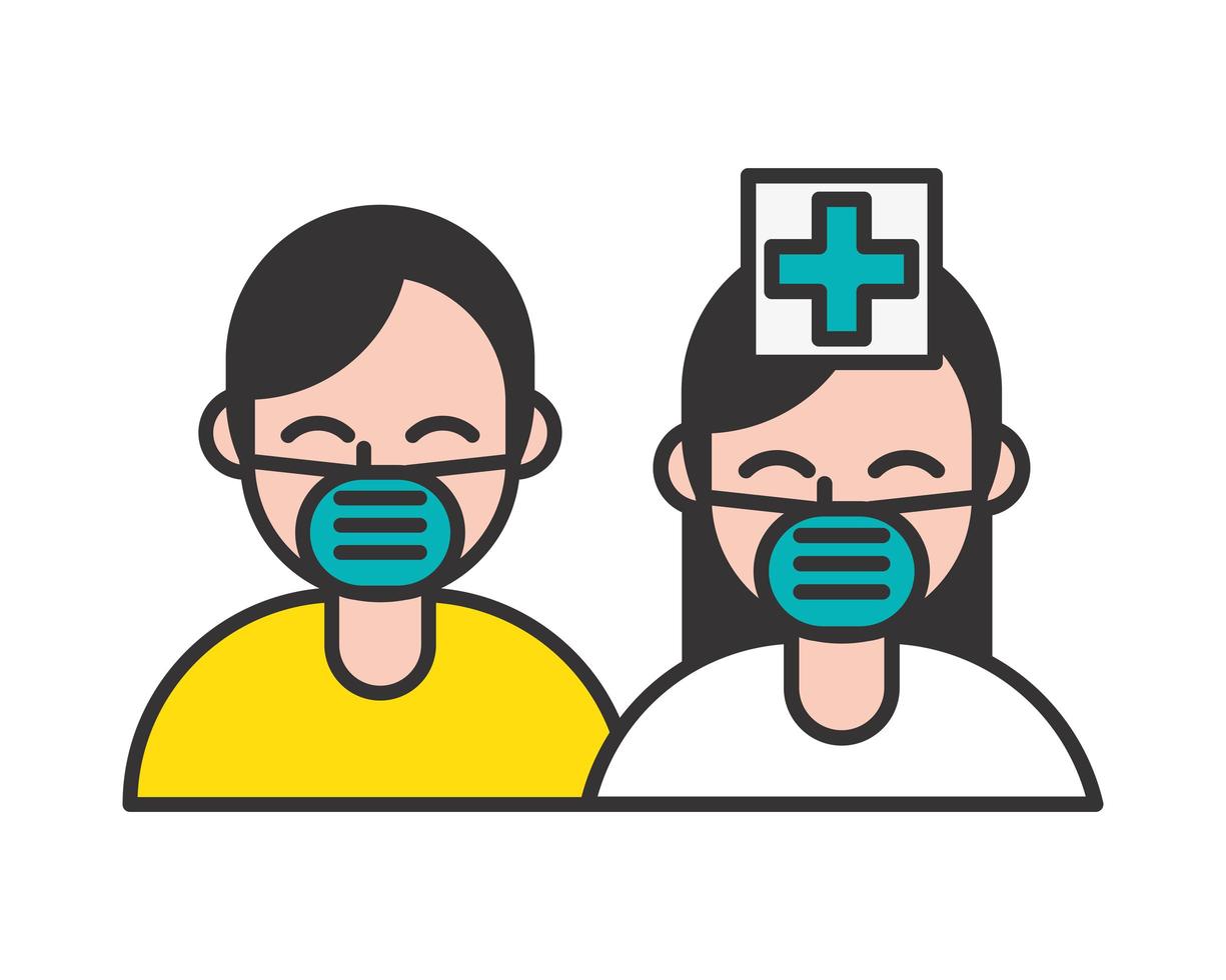 infermiera e paziente che indossa personaggi di maschere mediche vettore