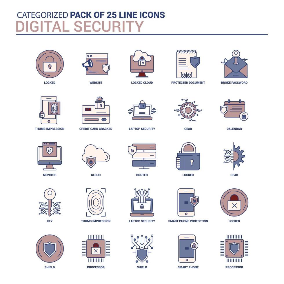 Vintage ▾ digitale sicurezza icona impostato 25 piatto linea icona impostato vettore
