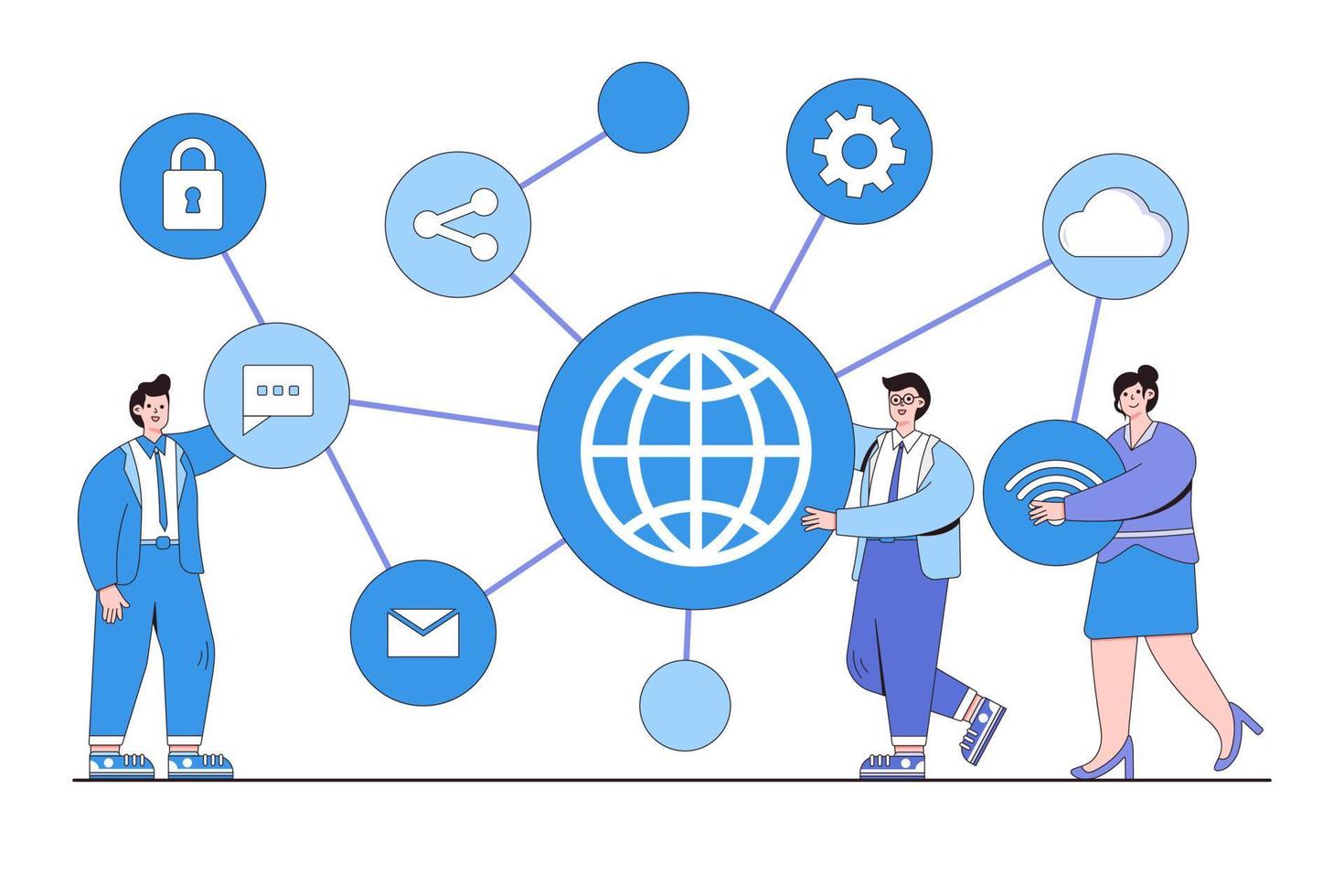 piatto attività commerciale persone con connessione icone e persone personaggi concetto. schema design stile minimo vettore illustrazione per atterraggio pagina, ragnatela striscione, infografica, eroe immagini